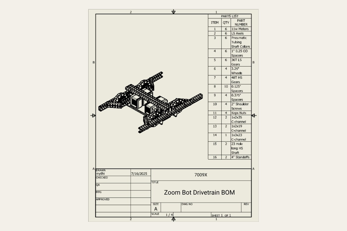 Engineering drawing of the drivetrain with a bill of materials