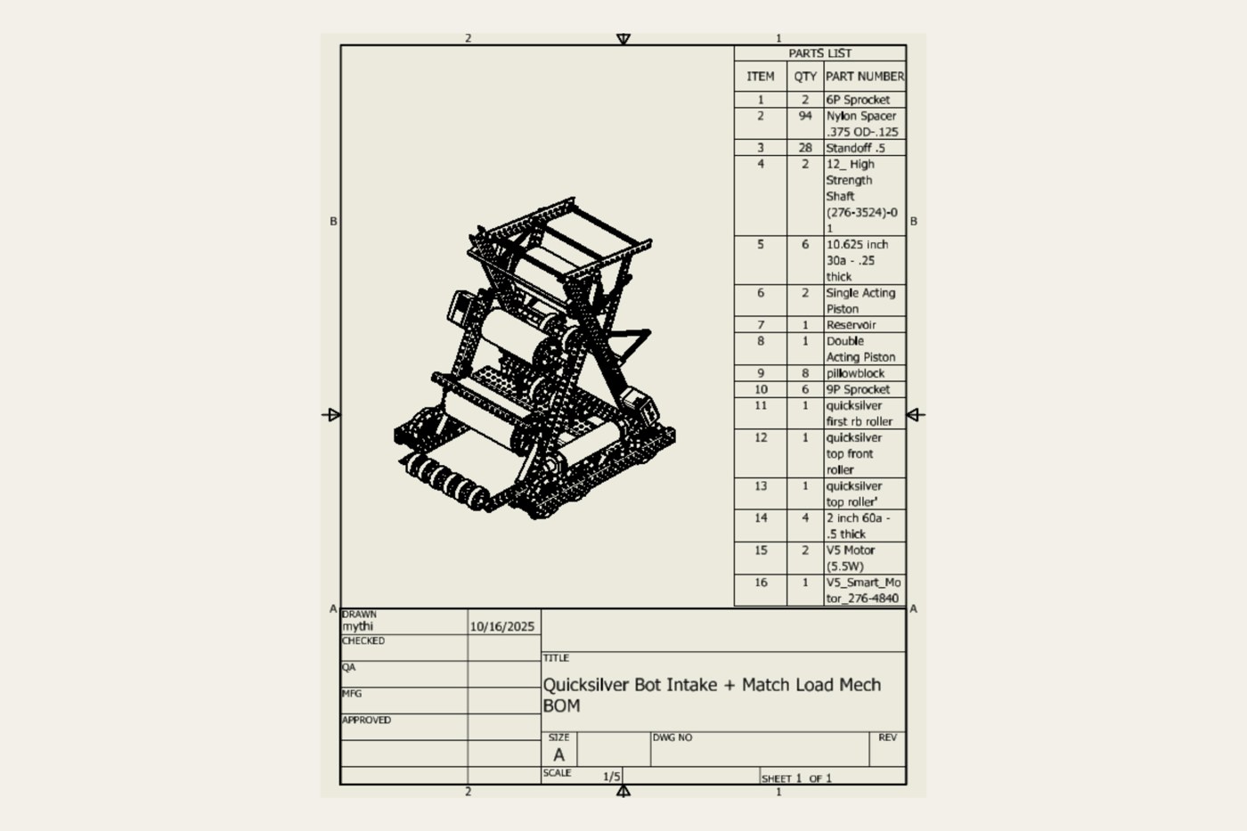 Engineering drawing of the intake and match-load mechanism