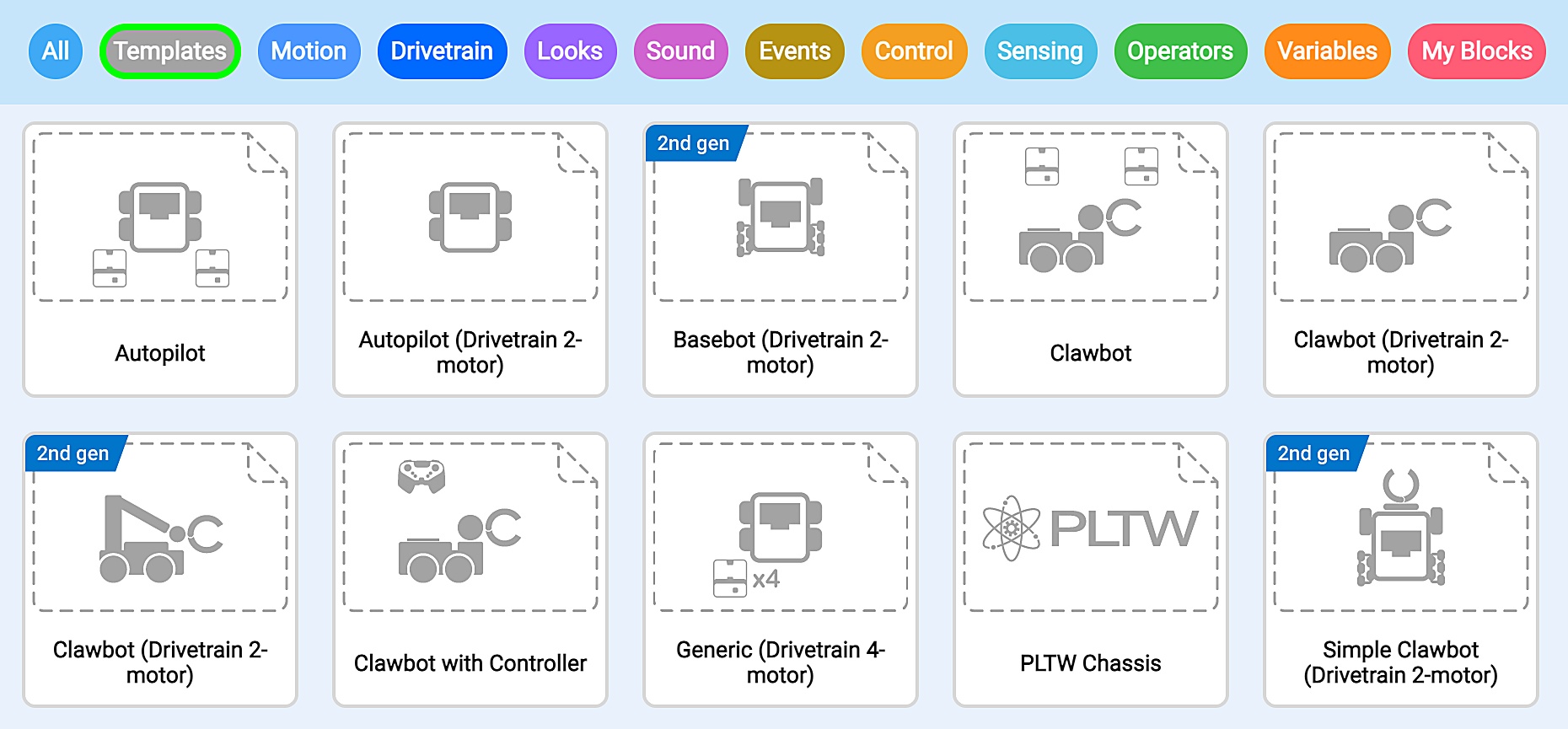 The VEXcode block-based coding environment students start in