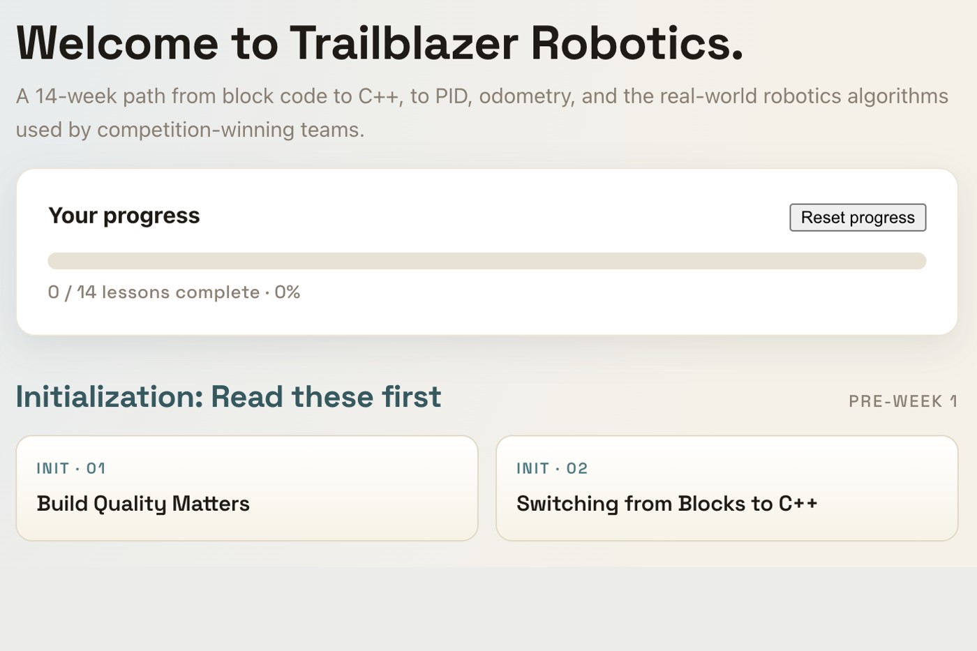 The course landing page showing a 14-week path and a progress tracker