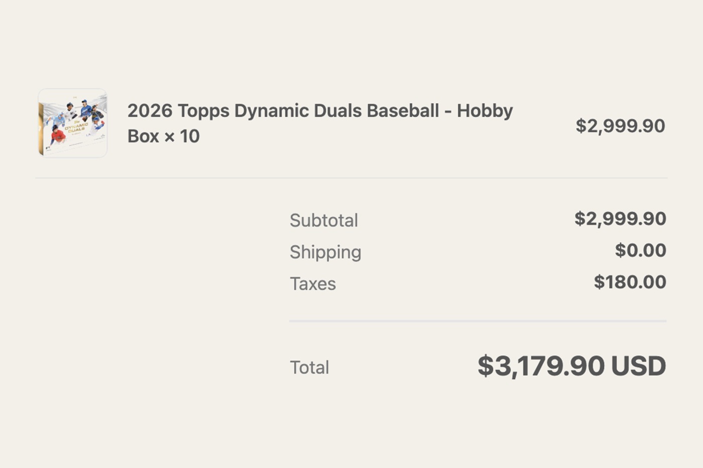Order confirmation for a Topps baseball case, totaling 3,179.90 dollars