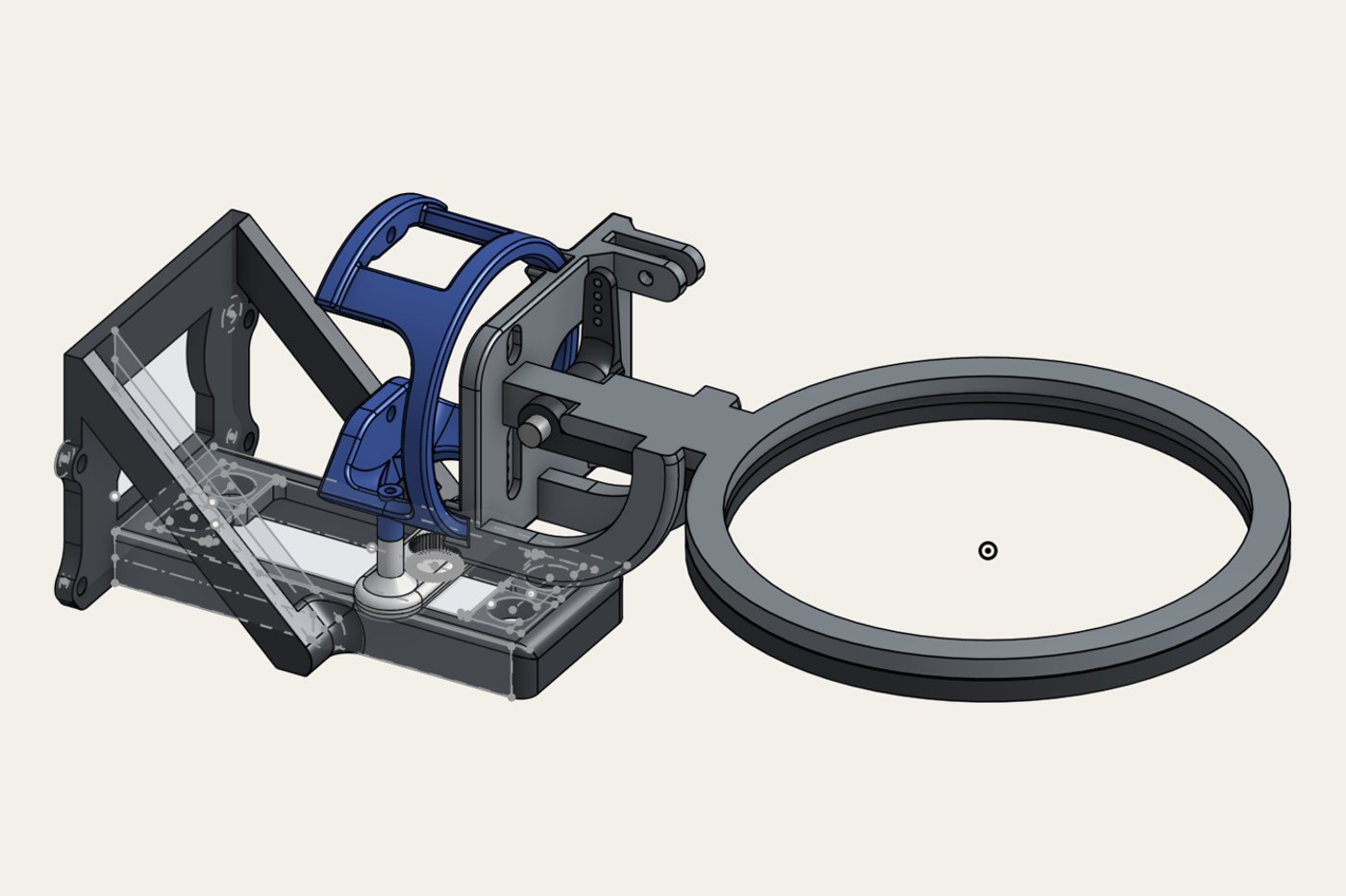 Onshape render of the lid-handling mechanism and ring